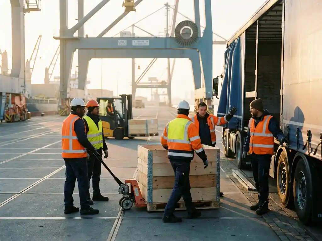 Magazijnmedewerkers in veiligheidsvesten laden pallets op een vrachtwagen in de haven van Drechtsteden, heftruck op achtergrond, ochtendlicht.