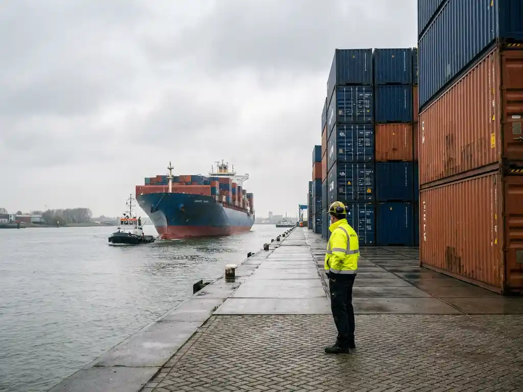 Vrachtschip wordt begeleid naar Drechtsteden-rivierhaven, logistiek medewerker in veiligheidsvest observeert vanaf de kade, gestapelde containers op achtergrond.