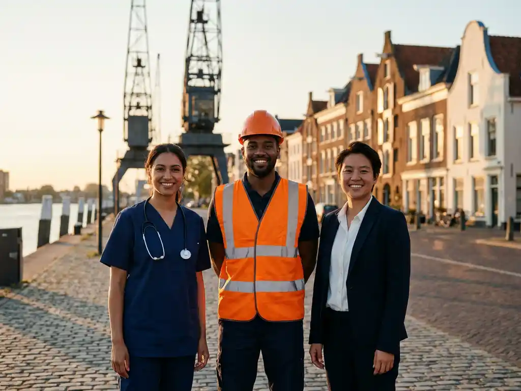 Verpleegkundige, magazijnmedewerker en kantoormedewerker aan de Drechtsteden-oever met kranen en Hollandse architectuur in gouden avondlicht.