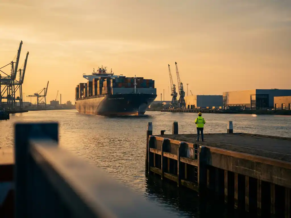 Vrachtschip vaart door de Drechtsteden tijdens het gouden uur, met industriële kranen en een havenmedewerker in veiligheidsvest op de kade.
