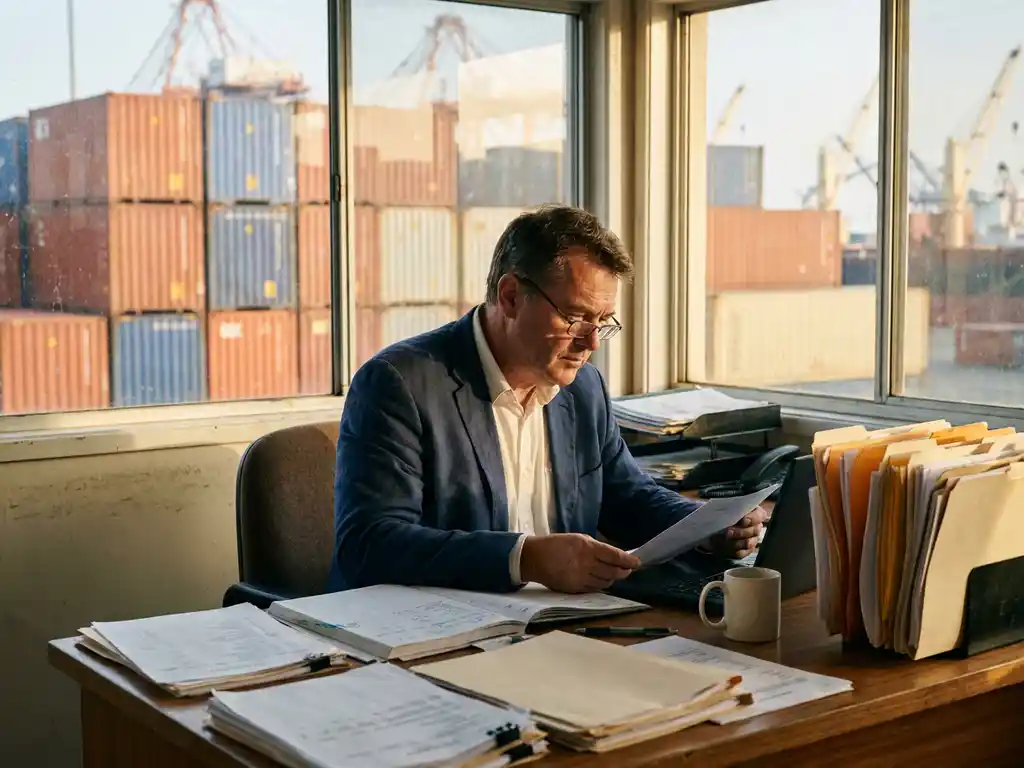 Expediteur controleert verzenddocumenten aan bureaumet zicht op gestapelde vrachtcontainers in de haven, warm ochtendlicht.