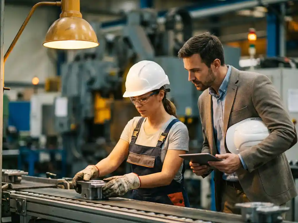 Fabrieksmedewerker met witte helm inspecteert eindproduct op moderne productielijn, recruiter observeert aandachtig op industriële werkvloer.