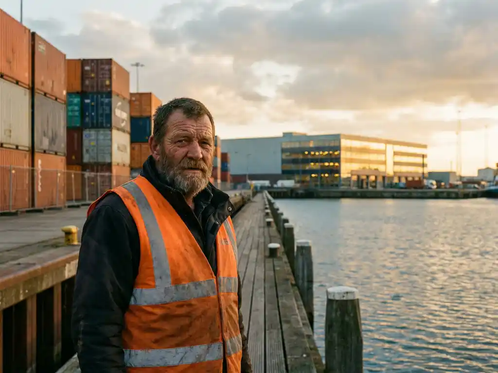 Havenarbeider in veiligheidsvest bij Rotterdamse containerhaven, met gestapelde vrachcontainers en distributiecentrum op de achtergrond.
