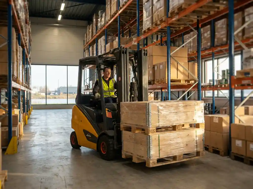 Vorkheftruckchauffeur stuurt gele heftruck door druk magazijn in Drechtsteden, met hoge metalen stellingen vol pallets op de achtergrond.