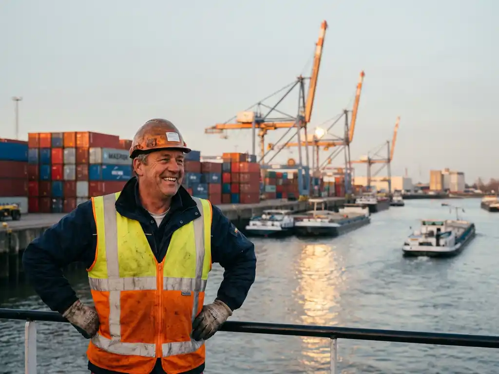 Logistiek medewerker in veiligheidsvest overziet drukke rivierhaven in de Drechtsteden, met gestapelde containers en industriële kranen op de achtergrond.