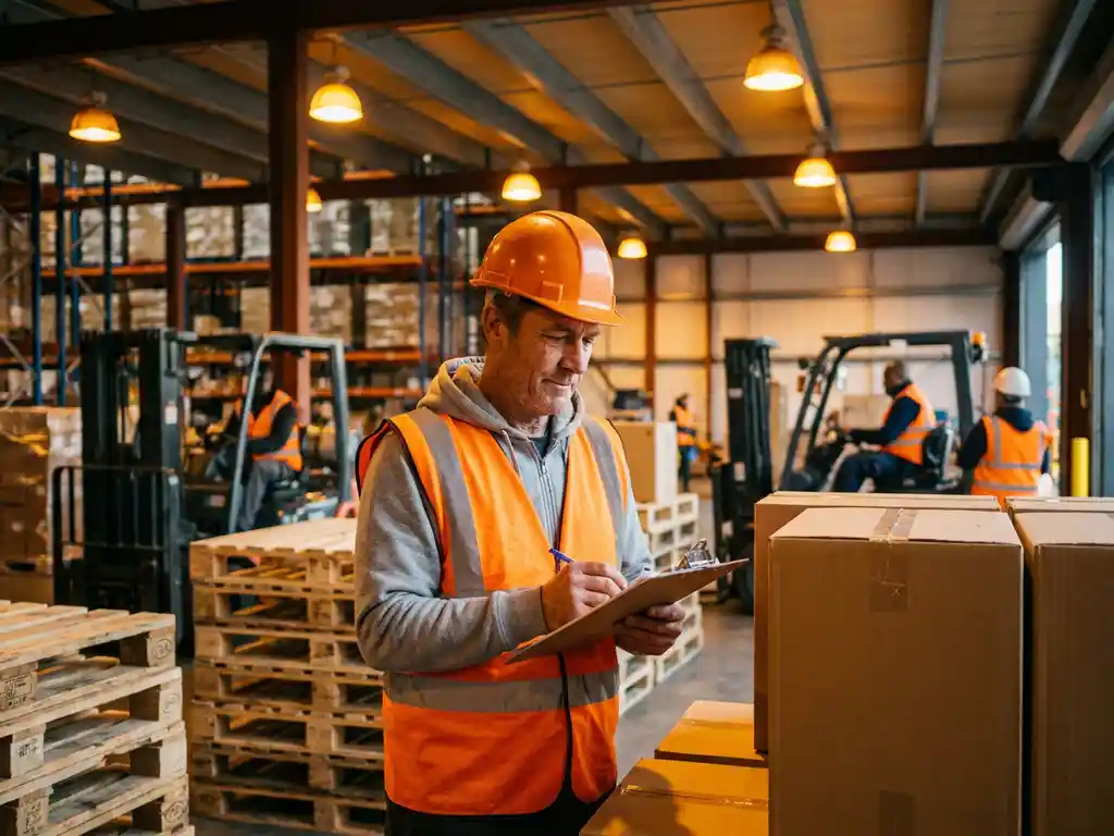 Logistiek medewerker in oranje veiligheidsvest controleert klembord bij gestapelde pallets in distributiecentrum Drechtsteden.