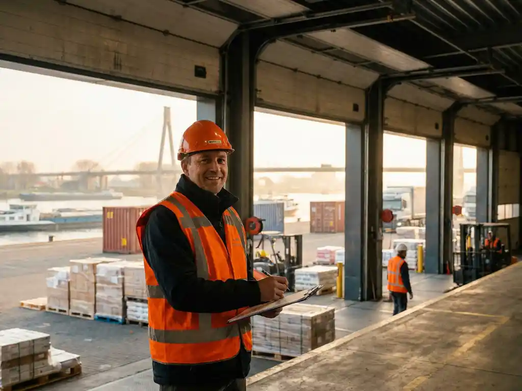Logistiek medewerker in oranje veiligheidsvest controleert klembord op laaddok in Drechtsteden, pallets en rivierhaven op achtergrond.
