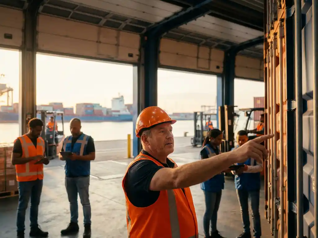 Logistieke medewerkers in veiligheidsvesten coördineren vracht op een druk Drechtsteden-havenpier, met zichtbare containers en waterweg op de achtergrond.