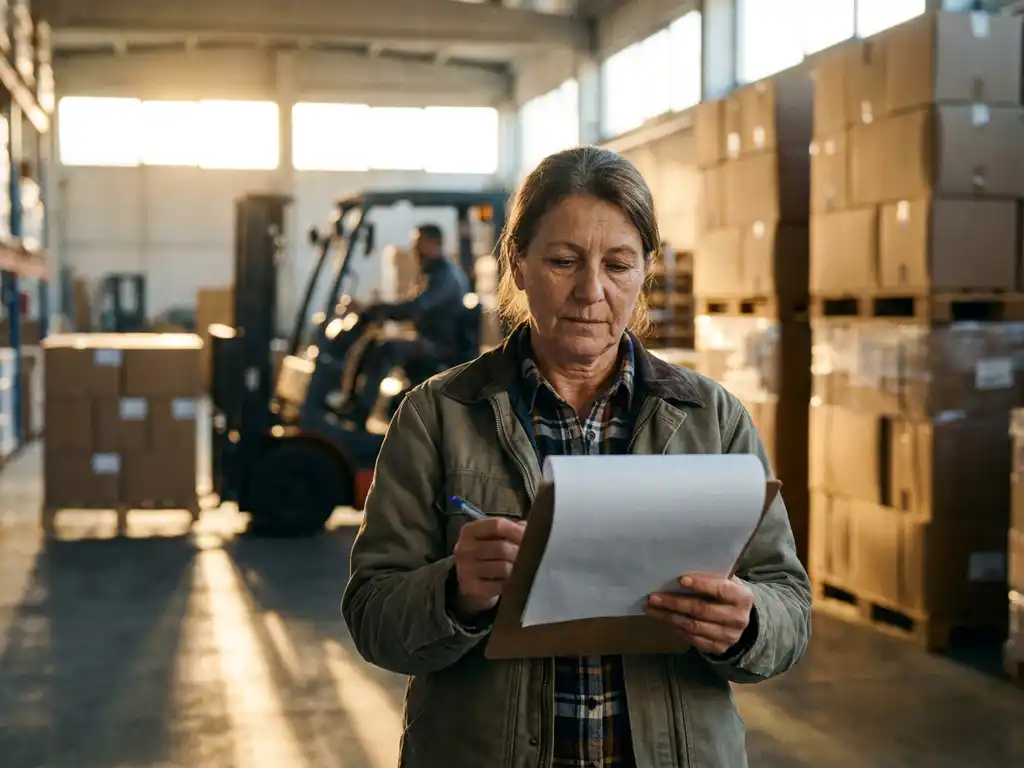 Logistiek ondernemer bekijkt flexibel personeelsrooster op klembord in druk magazijn met pallets en heftruck op de achtergrond.