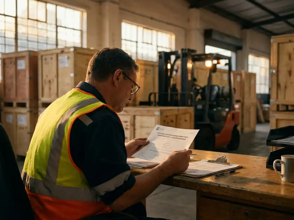 Logistiek professional in veiligheidsvest bestudeert certificeringsdocument aan magazijnbureau, met vorkheftruck en stapelkratten op achtergrond.