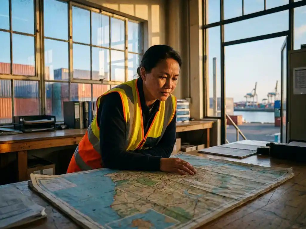 Logistiek medewerker in veiligheidsvest bestudeert regionale kaart op magazijnbureau, met haven en containers op achtergrond.