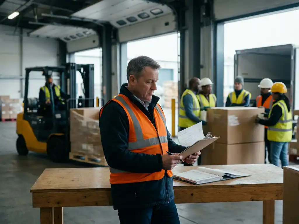 Logistiek werkgever bestudeert nalevingsdocumenten op laaddok, met vorkheftruck en diverse medewerkers in veiligheidsvesten op achtergrond.