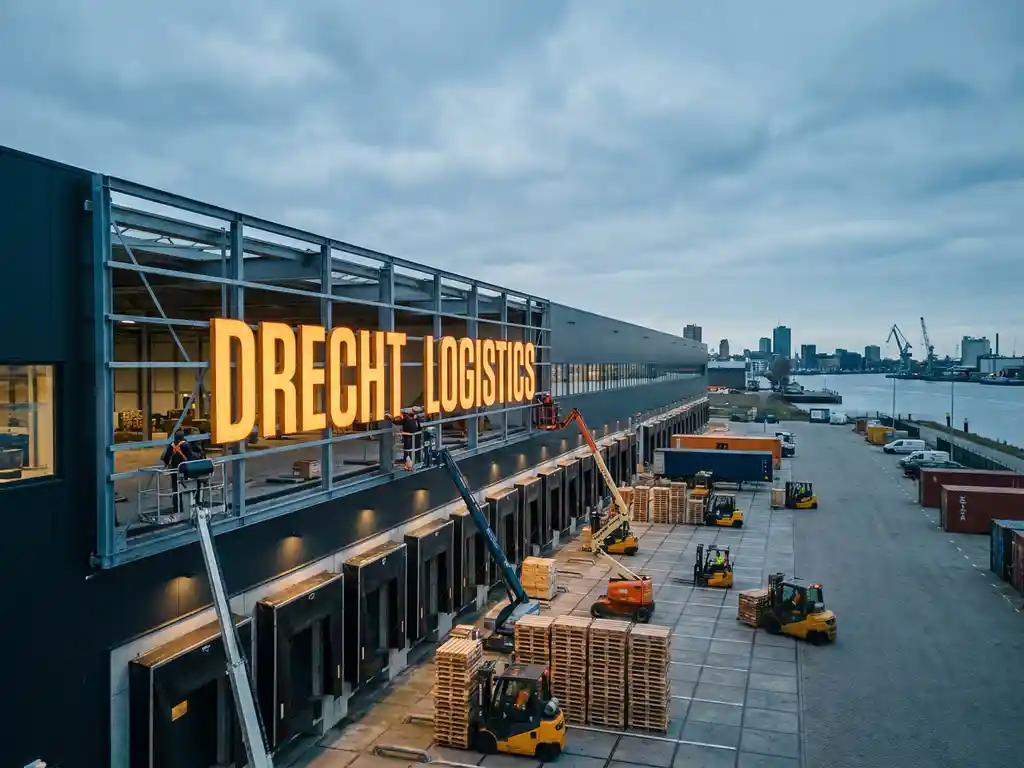 Moderne logistieke loods aan de Drechtsteden-oever met actieve laaddocks, heftrucks en pallets onder bewolkt daglicht.