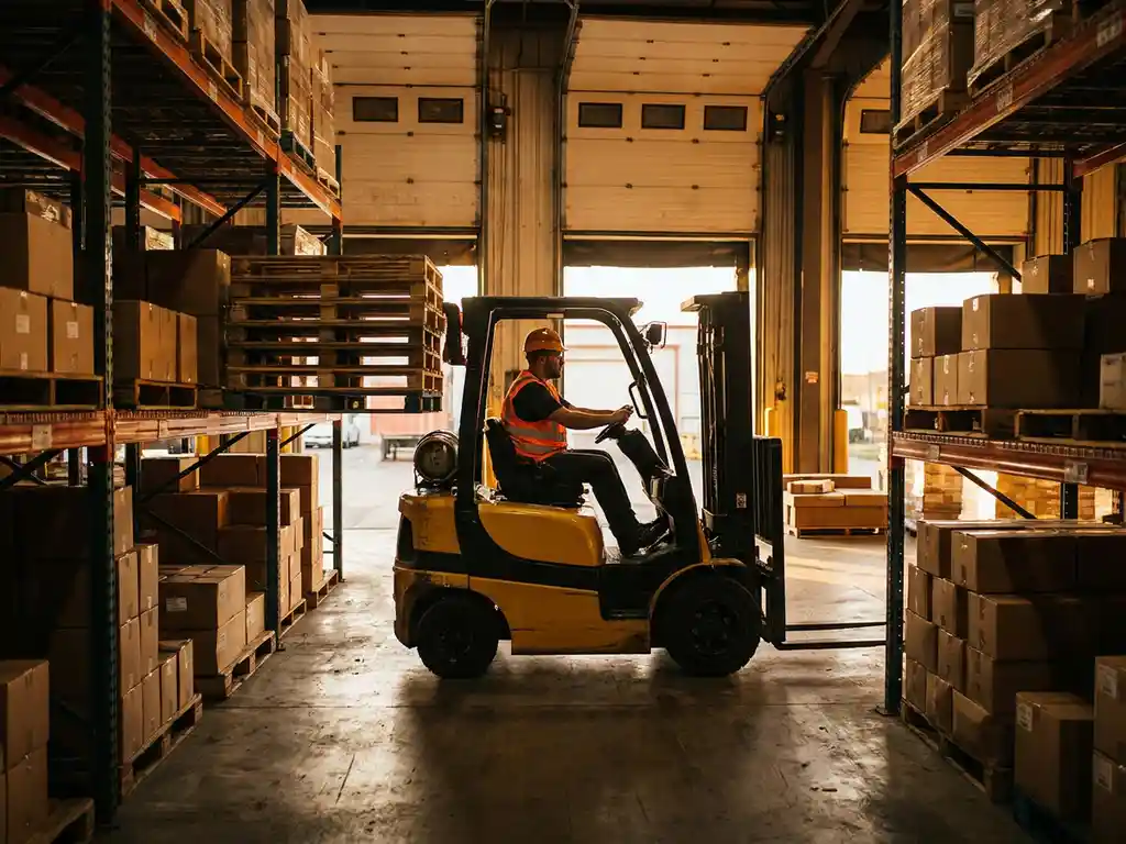 Heftruckchauffeur in veiligheidsvest bestuurt gele heftruck door magazijnpad met gestapelde pallets en industriële stellingen.