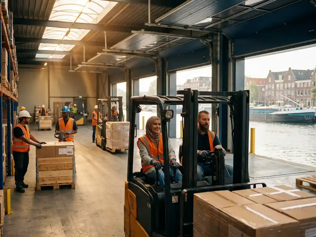 Magazijnmedewerkers in veiligheidsvesten verplaatsen pallets met heftrucks in een moderne logistieke hal met open laaddeur aan een Nederlandse waterweg.