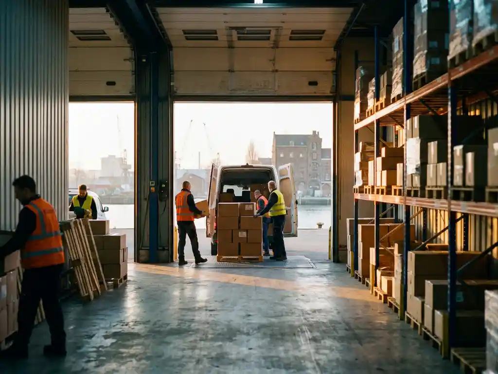 Magazijnmedewerkers laden kartonnen dozen in een bezorgbus op een druk laadperron in Drechtsteden tijdens het gouden uur.