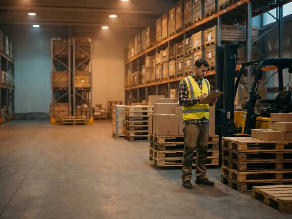 Magazijnmedewerker in veiligheidsvest controleert klembord bij gestapelde pallets en vorkheftruck in industrieel magazijn.