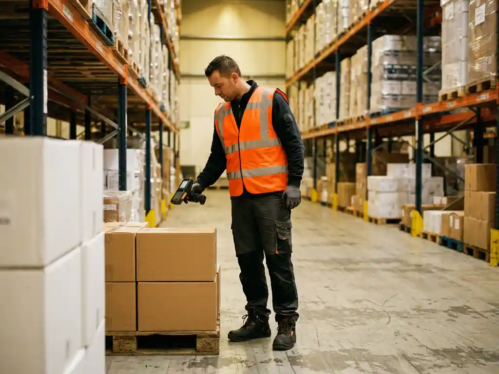Magazijnmedewerker in veiligheidsvest scant dozen op logistieke werkvloer in de regio Dordrecht, met hoge stalen rekken op de achtergrond.