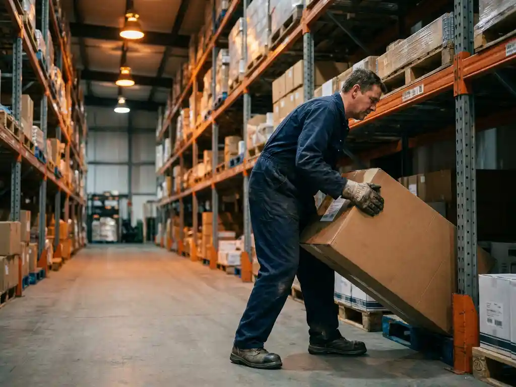 Magazijnmedewerker in veiligheidsschoenen tilt zware kartonnen doos in industrieel magazijn met hoge metalen stellingen.
