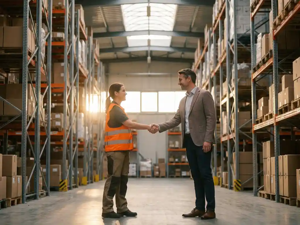 Logistiek medewerker in oranje veiligheidsvest geeft recruiter een hand in modern magazijn met hoge stellingkasten.
