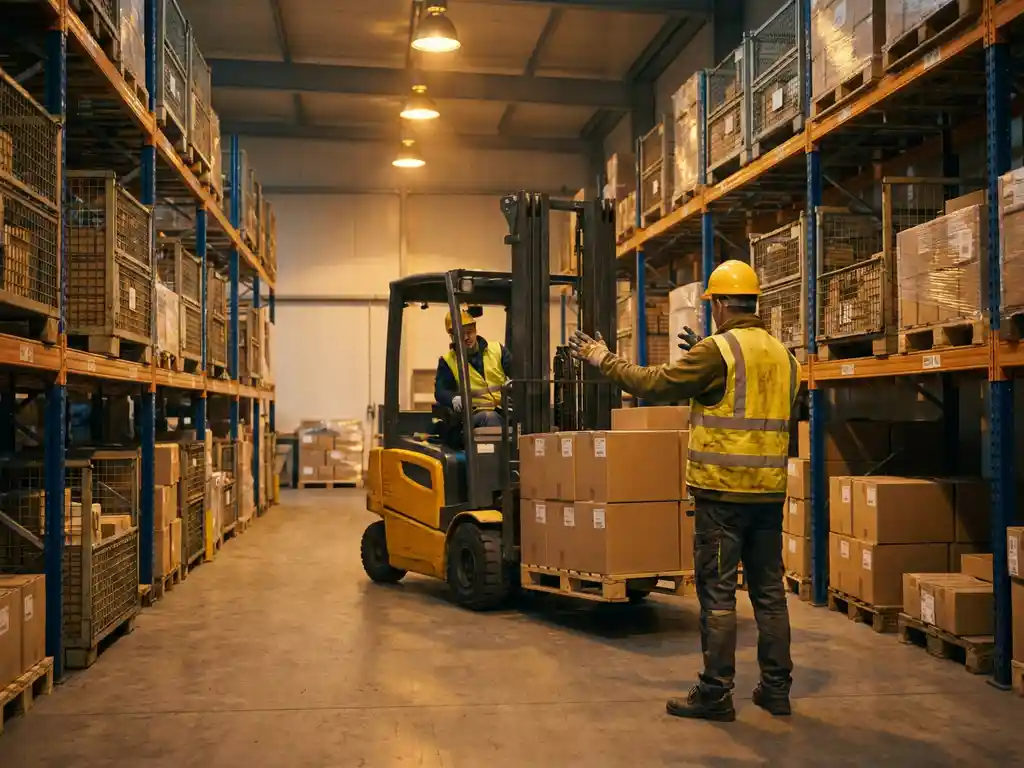 Magazijnmedewerker in veiligheidsvest stuurt een heftruck op een drukke logistieke vloer met georganiseerde opslag op de achtergrond.