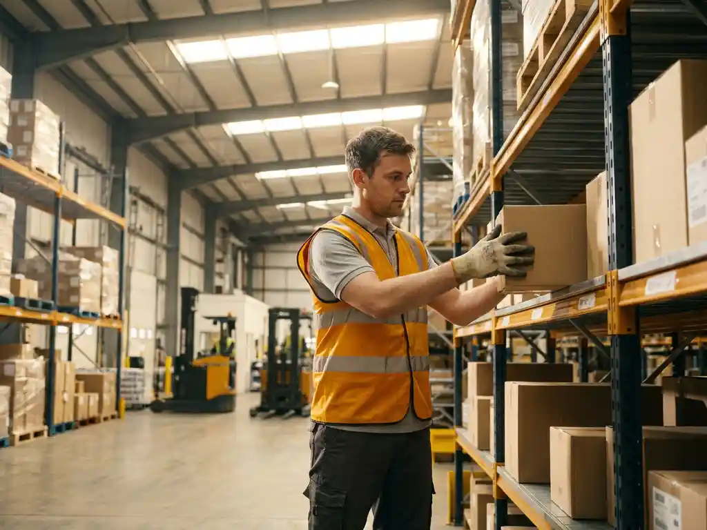 Magazijnmedewerker in veiligheidsvest ordent pakketten op metalen stellingen in moderne logistieke faciliteit met natuurlijk daklicht.