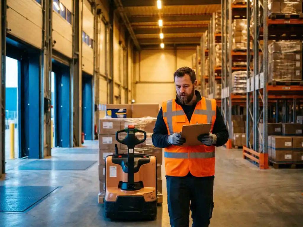 Logistiek medewerker in veiligheidsvest controleert klembord naast beladen pallettruck in Nederlands magazijn met industriële stellingen.