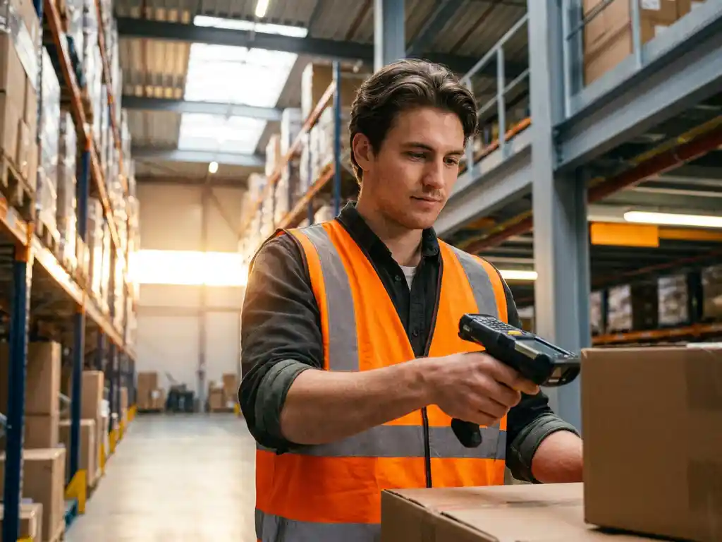 Magazijnmedewerker in veiligheidsvest scant pakket met barcodescanner in moderne logistieke loods met hoge stellingkasten.