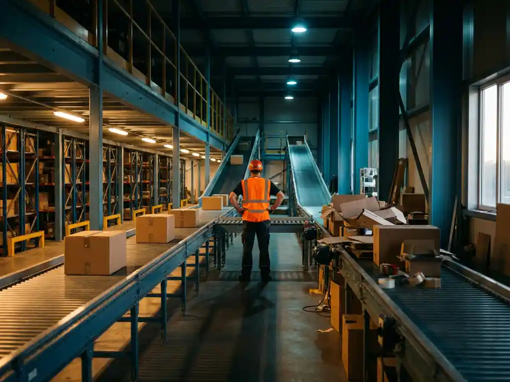 Magazijnmedewerker in veiligheidsvest op kruispunt van twee transportbanden in distributiecentrum, één ordelijk verlicht, één rommelig met dozen.