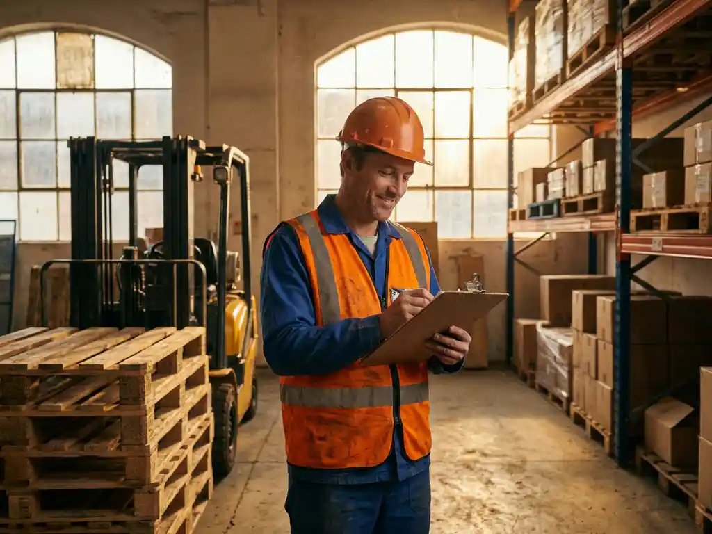 Magazijnmedewerker in oranje veiligheidsvest controleert klembord bij gestapelde pallets en heftruck in industrieel magazijn.