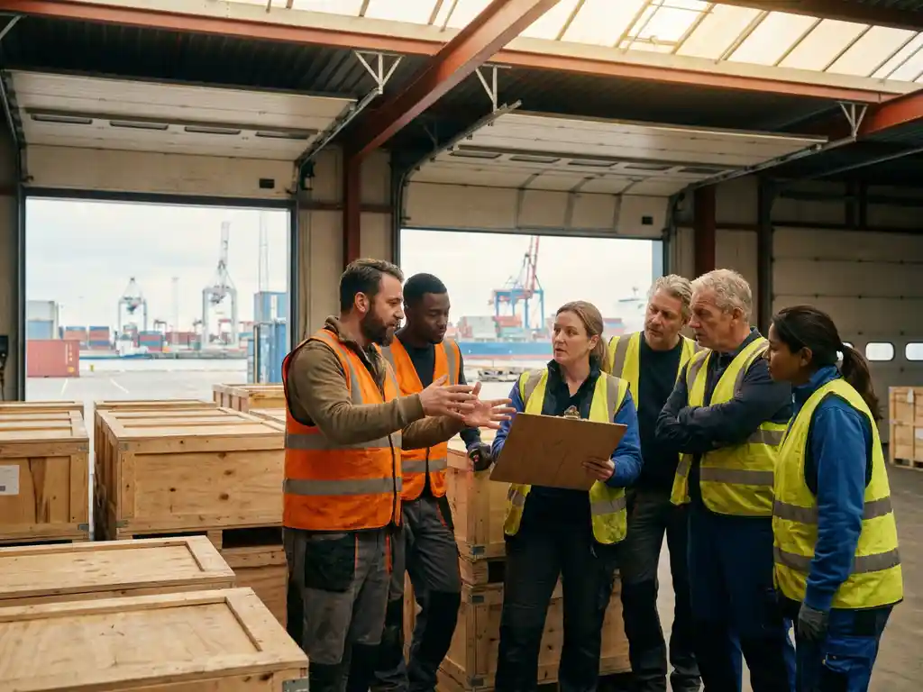 Diverse magazijnmedewerkers in veiligheidsvesten bespreken logistiek bij stapels scheepskisten in een Nederlandse industriële haven.