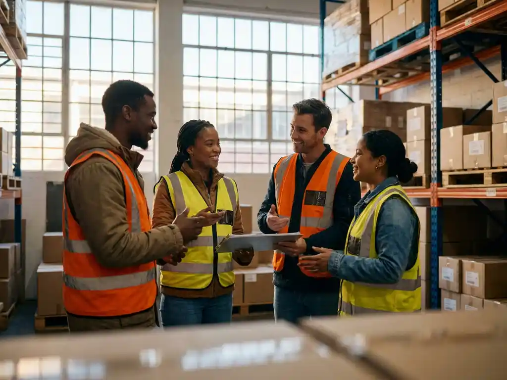 Diverse magazijnmedewerkers in veiligheidsvesten overleggen bij een klembord tussen industriële stellingen vol dozen.
