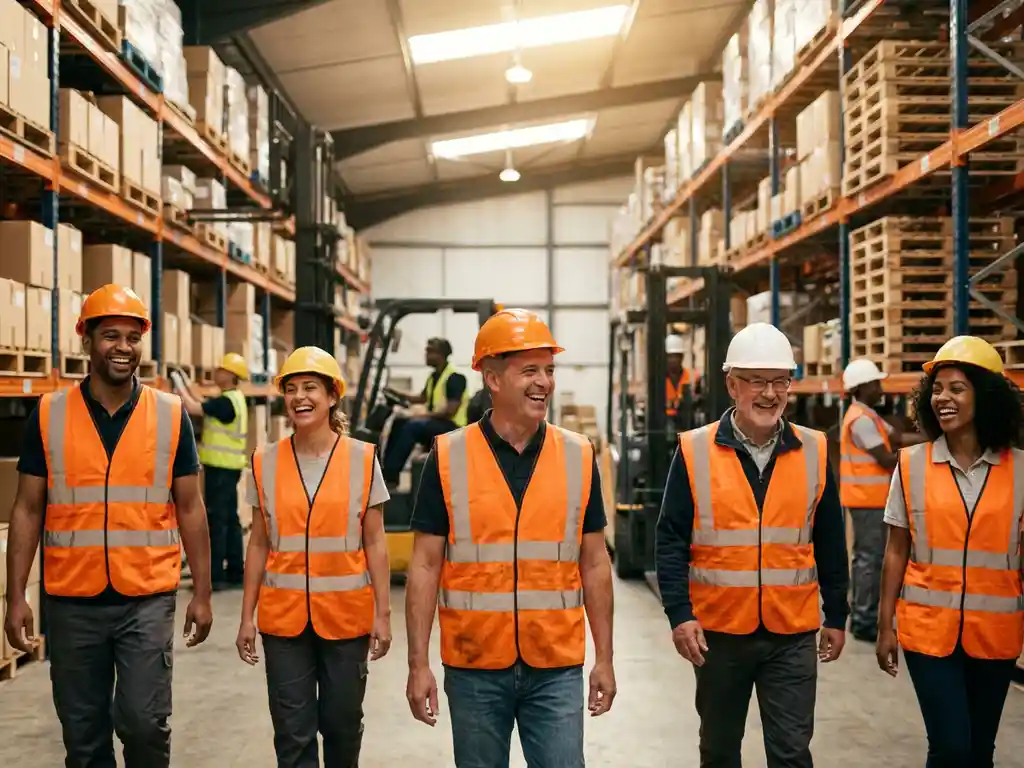Diverse groep magazijnmedewerkers in veiligheidsvesten loopt zelfverzekerd door een druk logistiek warehouse met palletrekken op de achtergrond.