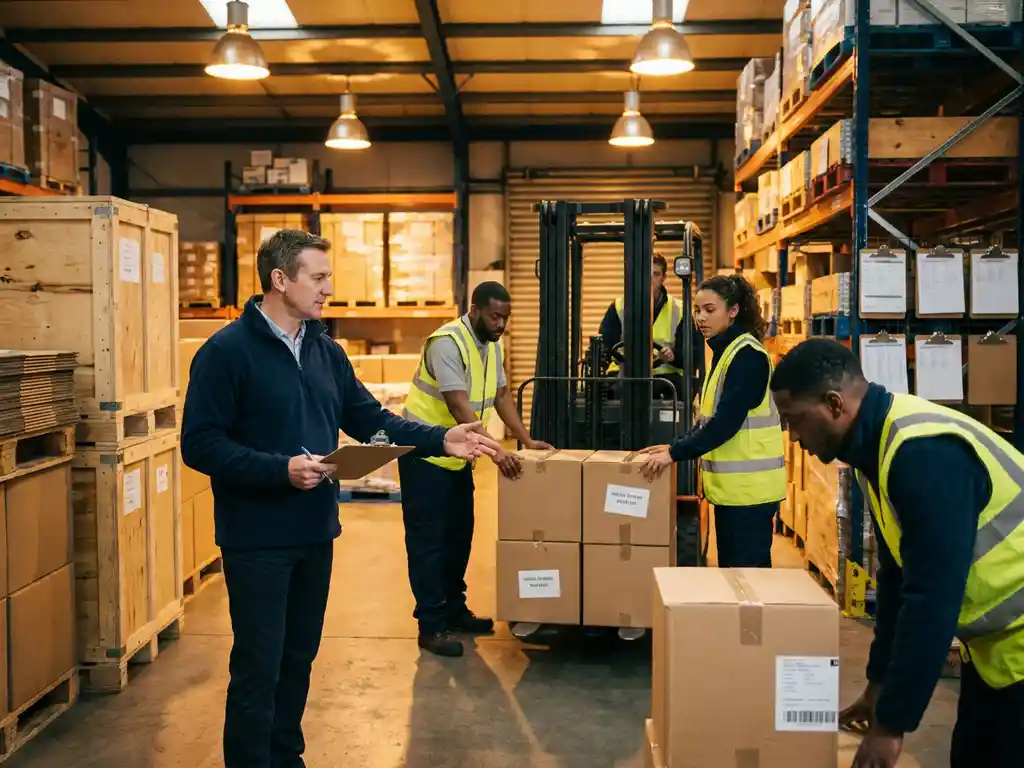 Teamleider coördineert medewerkers tijdens drukke magazijnshift, met logistieke kratten en clipboards op de achtergrond.