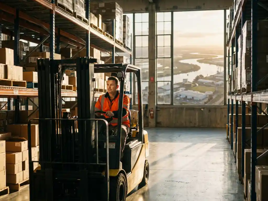 Magazijnmedewerker in veiligheidsvest bestuurt heftruck tussen hoge stalen stellingen met dozen in een Drechtstedse loods.