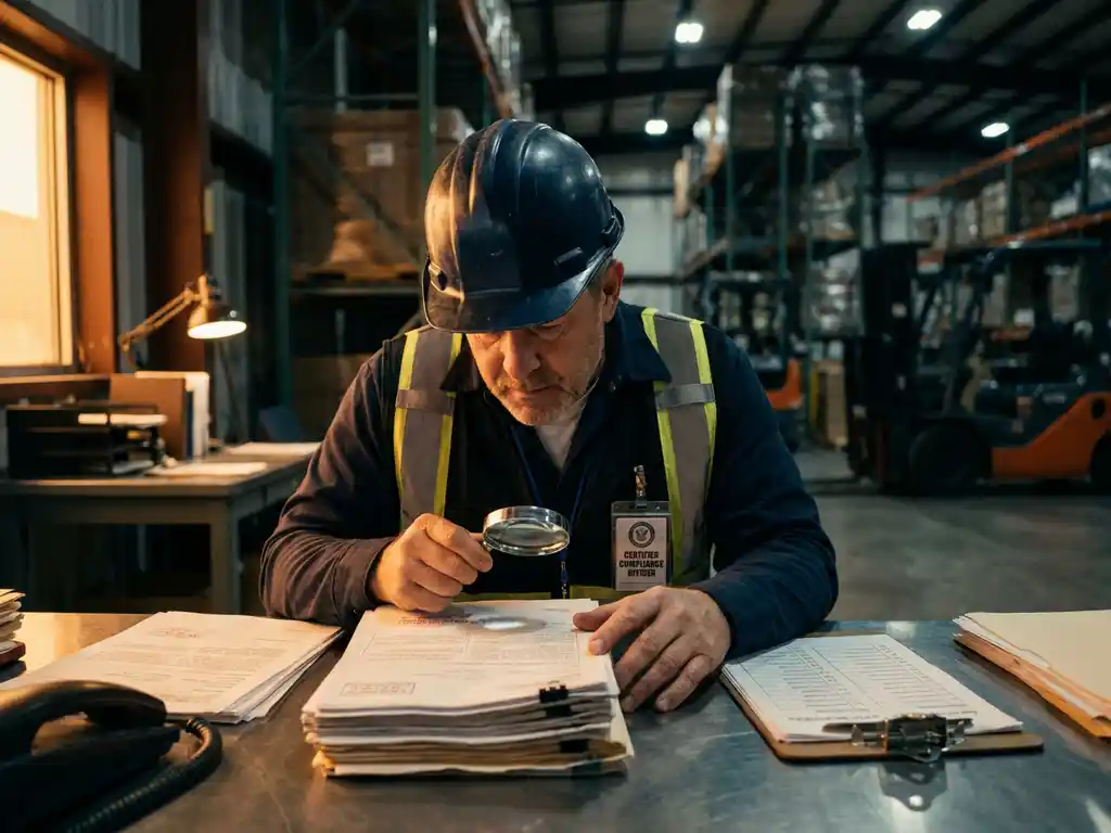 Magazijnmanager met helm bestudeert nalevingsdocumenten aan metalen bureau, met certificaatvignet en checklist, industriële achtergrond.