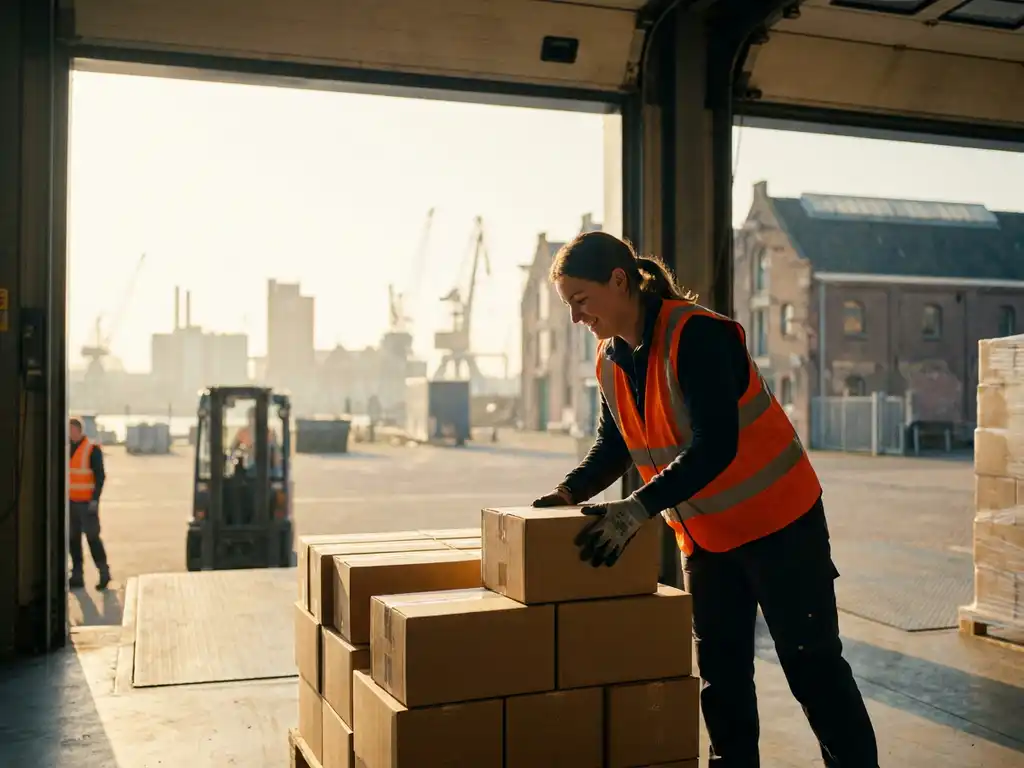 Magazijnmedewerker in oranje veiligheidsvest sorteert pakketten op laadperron in Dordrecht, met heftruck en industriële skyline op achtergrond.