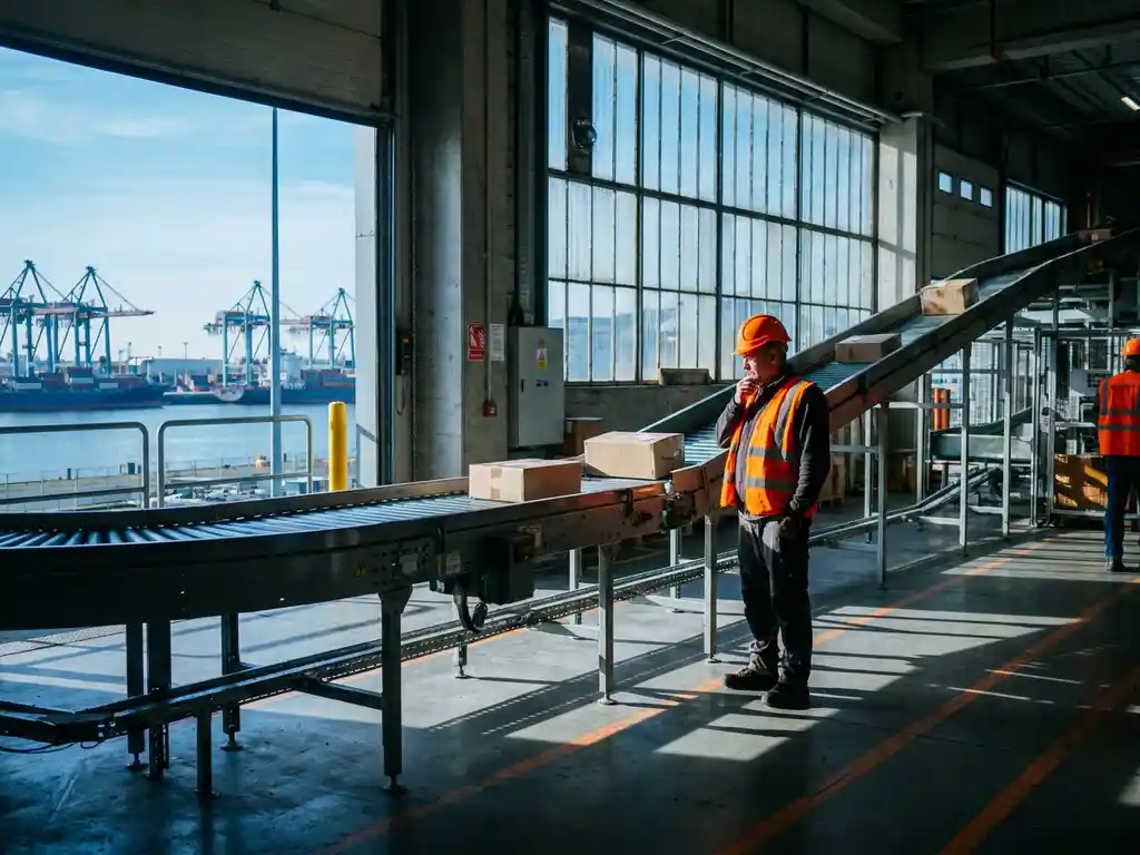 Magazijnmedewerker in veiligheidsvest inspecteert geautomatiseerd transportbandsysteem in logistiek centrum Drechtsteden, rivierkranen zichtbaar op achtergrond.
