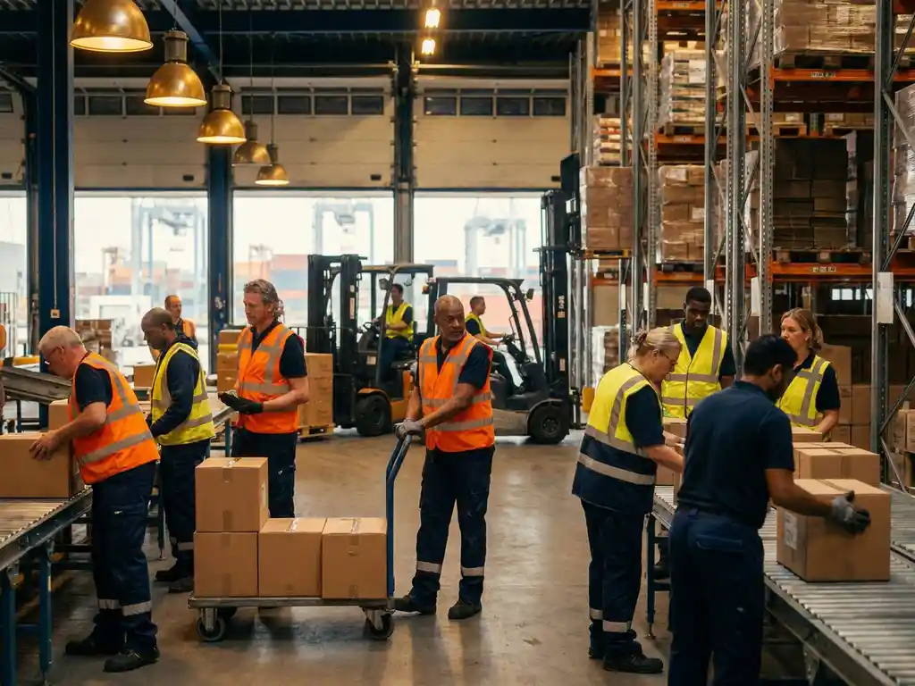 Magazijnmedewerkers in veiligheidsvesten verplaatsen dozen op een logistieke vloer in de Drechtsteden, met heftrucks en stellingen op de achtergrond.