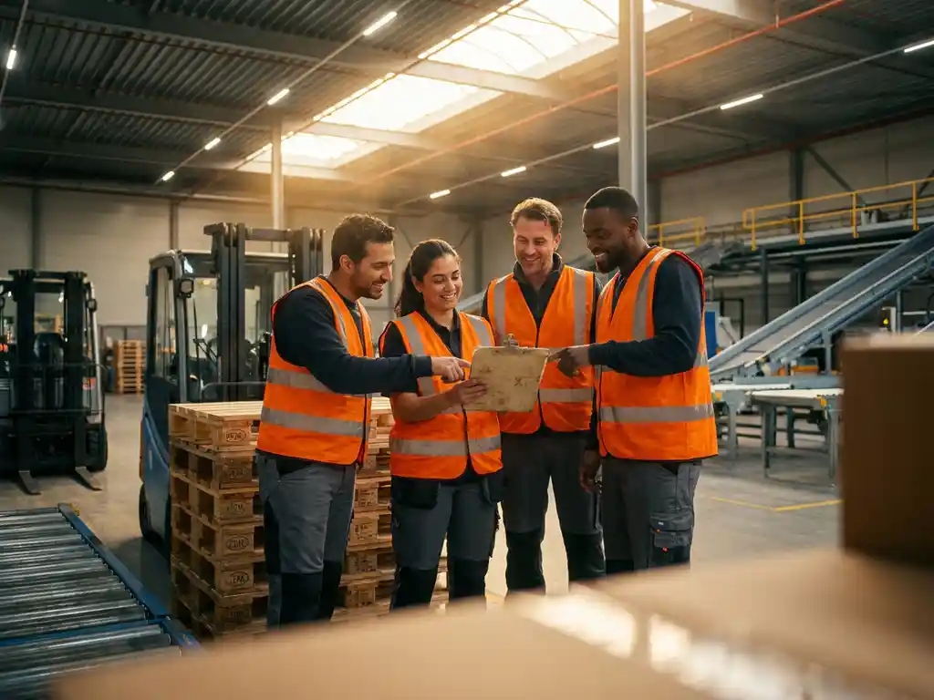 Diverse magazijnmedewerkers in oranje veiligheidsvesten overleggen met klembord bij pallets in modern Nederlands distributiecentrum.