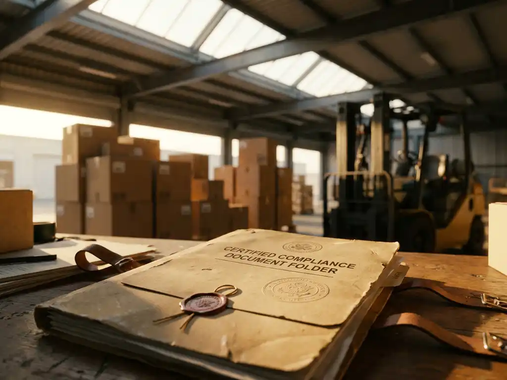 Gecertificeerde compliance-map met officieel stempel op een bureau aan het laaddok, met kartonnen dozen en een heftruck op de achtergrond.