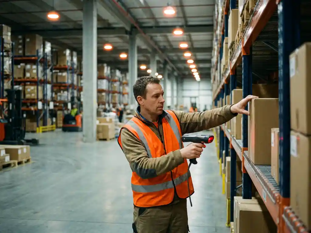 Orderpicker in veiligheidsvest scant pakket op magazijnstelling met handheldscanner, breed industrieel gangpad op de achtergrond.