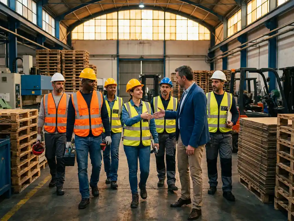 Productiemedewerkers in veiligheidsvesten en helmen op een drukke magazijnvloer, begroet door een onboardingcoördinator tussen pallets en machines.