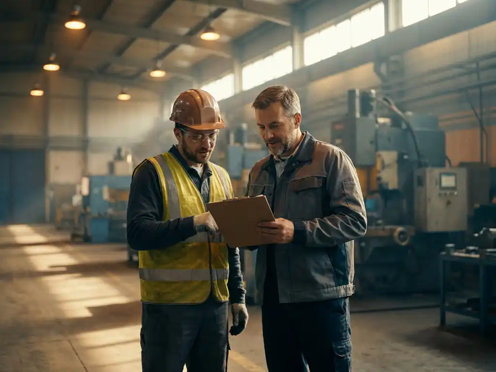 Productiemedewerker en teamleider bekijken samen een klembord op een industriële werkvloer.