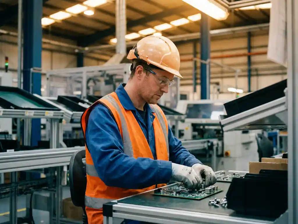 Productiewerker in veiligheidsuitrusting assembleert componenten op moderne fabrieksvloer met transportbanden en industriële machines op de achtergrond.
