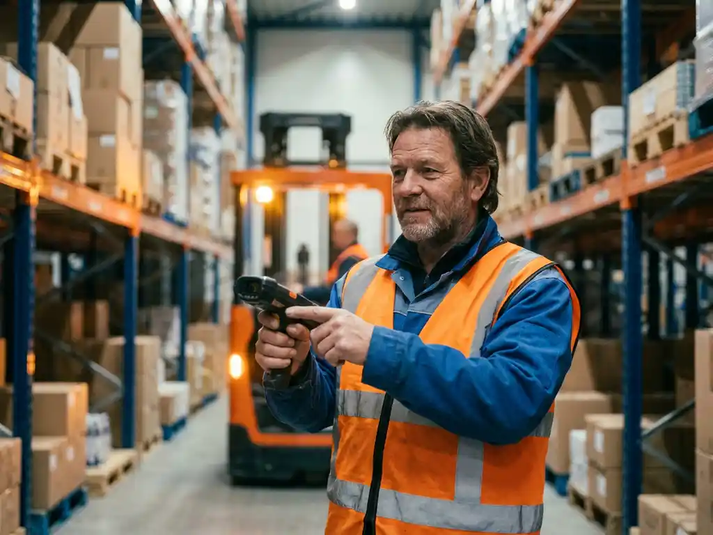 Statushouder in veiligheidsvest scant pakket in Nederlands logistiek magazijn met hoge metalen rekken vol dozen.