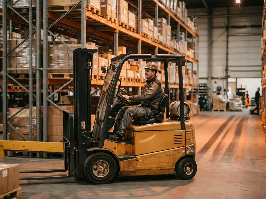 Heftruckchauffeur in gele heftruck in Dordrechts magazijn met hoge metalen stellingen vol pallets.