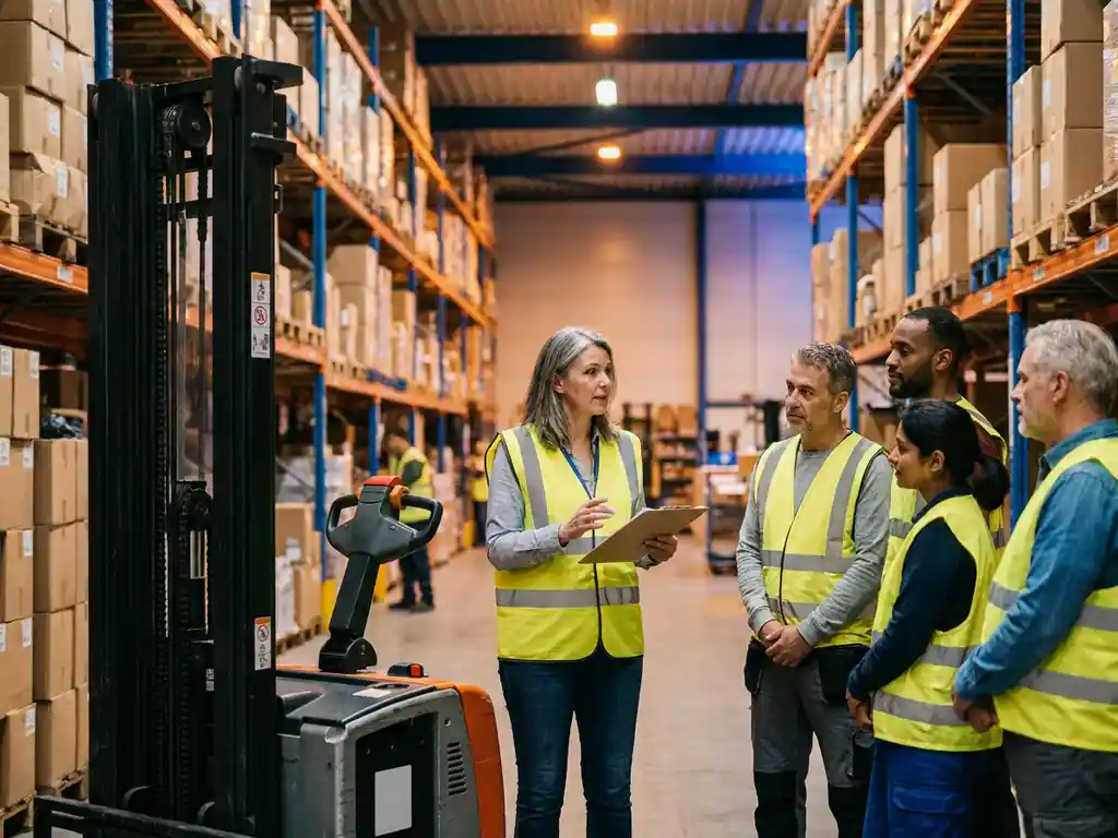 Logistiek supervisor demonstreert heftruckveiligheid aan magazijnmedewerkers in Nederlands distributiecentrum met hoge stellingkasten.